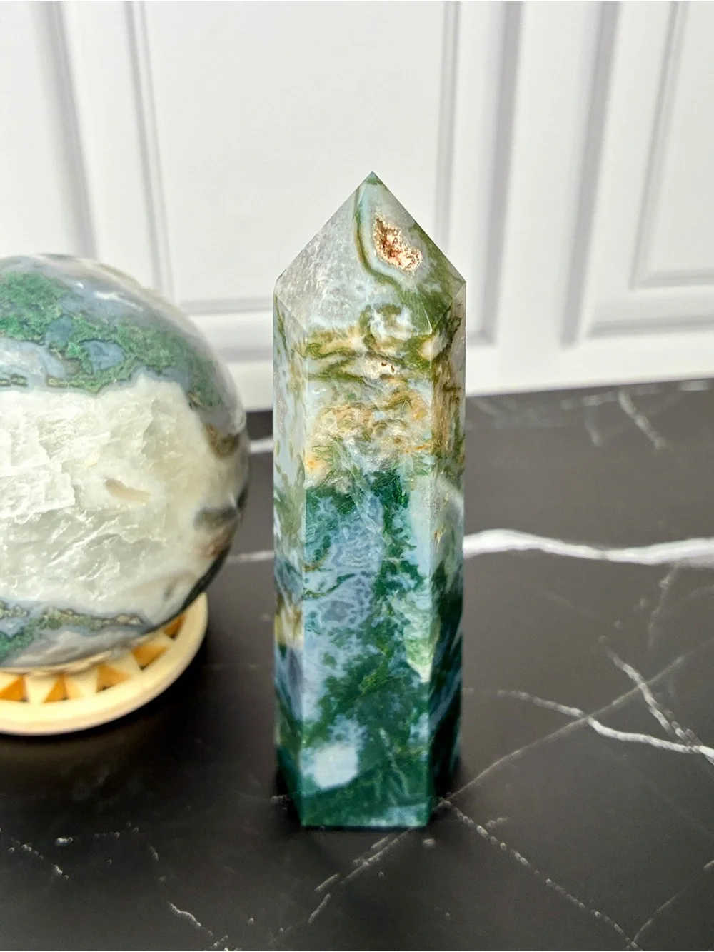 Emerald Dreamscape — Moss Agate Druzy Sphere & Tower Crystal Set